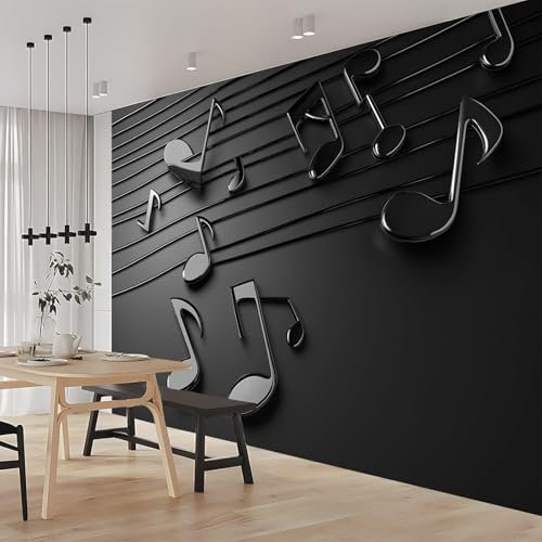 Luowenji Papier Peint Panoramique Noter La Musique 200x140 cm 3D Papier Peint Intissé Noir Photo Trompe l'oeil Poster Grand Mural Salon Chambre Enfant Chambre Décoration Murale a.1914