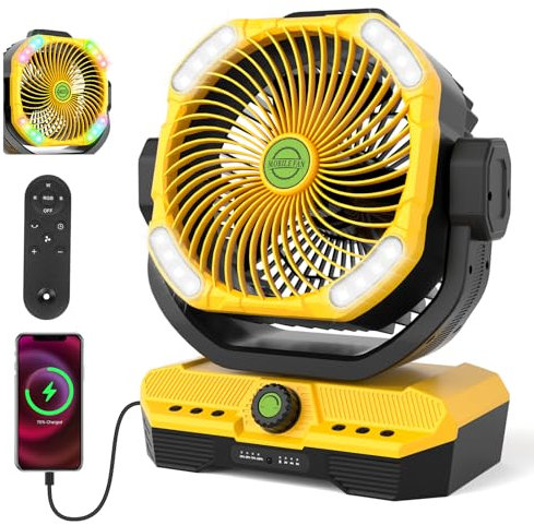 RUNTOP Battery Operated Fan, Oscillating Adjustable Tilt Fan with Remote Control, 45000mAh Rechargeable Battery Powered Fans Camping Fans for Home, Office, Dorm Travel BBQ Table (Yellow)