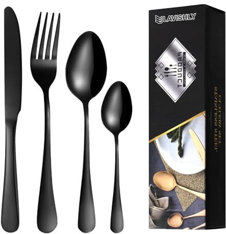 24-Piece Black Stainless Steel Flatware Set, LAVISHLY Mirror Polished Cutlery for 6 People, Durable & Dishwasher Safe Tableware
