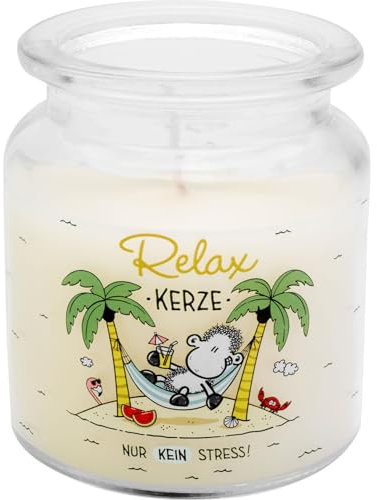 Sheepworld Kerze im Glas mit Spruch Relax | Duftkerze, Vanille, Höhe 9 cm, Durchmesser 7,5 cm, Glas mit Motivdruck | lustiges Geschenk, Geschenk für Sie | 74128