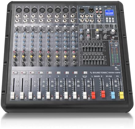 Sound Town 10-Channel 2x800W Powered Mixer w/ 2 Bus, DSP effects, USB MP3, Dual 7-band EQ, Phantom Power (TRITON-102PW)