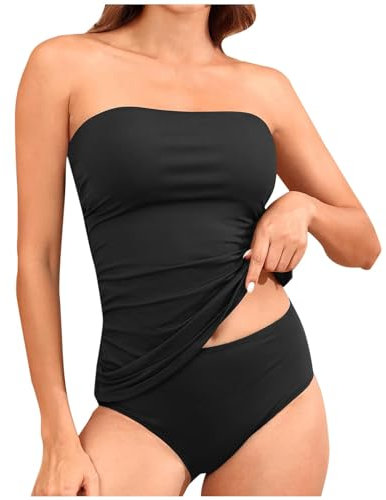 KUIH Tankini Sets for Women UK Bandeau Swimsuits with Detachable Straps Strapless Tankini Top with Shorts Tummy Control Swimming Costumes Bandeau Tankini Swimwear Swim Sets High Waist Bathing Suit