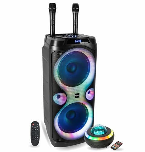 Ibiza Sound – Pack Karaoke Altavoz 1000 W Columba-Karaoke USB Bluetooth TWS – 2 micrófonos inalámbricos – Altavoz luminoso Nebula Fiesta