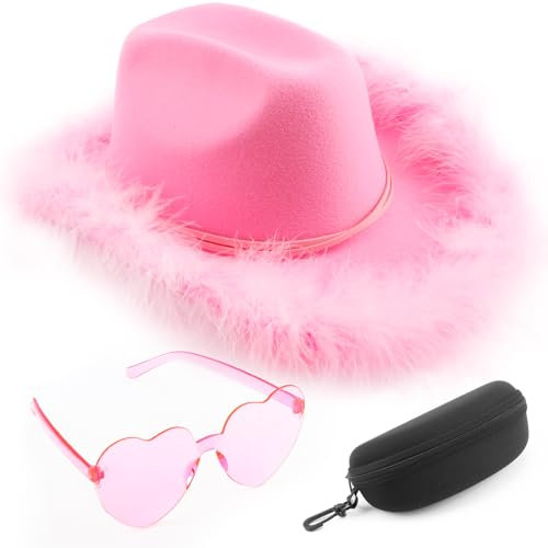 DRESHOW Cowboyhut Damen mit Feder Cowgirlhut mit Herzbrille Brillenetui Set Flauschige Westernhut Cowgirl Hüte Cowboy Kostüm Accessoires für Party Halloween Karnevalsfeiertage