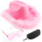 DRESHOW Cowboyhut Damen mit Feder Cowgirlhut mit Herzbrille Brillenetui Set Flauschige Westernhut Cowgirl Hüte Cowboy Kostüm Accessoires für Party Halloween Karnevalsfeiertage