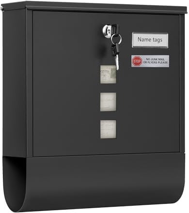 WOLTU Briefkasten mit Zeitungsfach Sichtfenstern, Postkasten mit Namensschild personalisiert, Wandbriefkasten abschließbar, inkl. 2 Schlüssel, modern, Schwarz, 33,5 x 30 x 9,5 cm