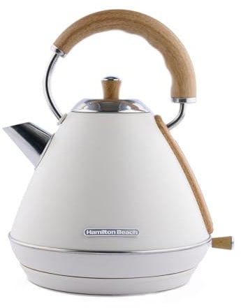Hamilton Beach Electric Kettle, Scandi 1.7L, Pyramid, Boil Dry Protection, Auto Shut Off, Water Level Window, Stay Cool Handle, Ergonomic Grip, Matte Cream with Wood Effect - HBK02MC