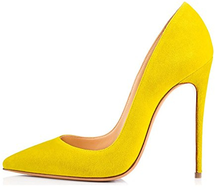 EDEFS Chaussures Femme Talon Haut 12 cm Escarpins Daim Jaune Bout Pointu Talons Élégants Mariage Soirée EU39