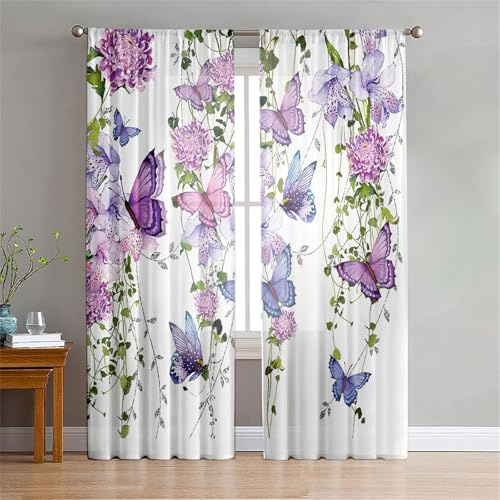 Odot Tende Soggiorno Semi Trasparenti, Stile Floreale Stampa 3D Tenda Voile con Tasca per Asta 2 Pannelli Filtranti Finestra Moderna per Camera da Letto Cucina (Farfalla viola,140x275cm)