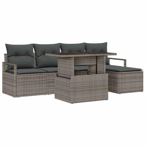 vidaXL Garten-Sofa-Set mit Kissen 6 pcs Grau, Garten und Terrasse, modernes Loungesofa-Set, abnehmbare Kissen, UV-beständige Materialien, Rattanmöbel