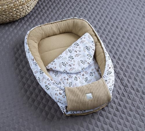 LOOLAY Babynest Set 85 cm x 60 cm - Baby nestchen aus Waffelpique Bio- Baumwolle - Babynestchen Neugeborene Handmade EU - Baby Nest 2 Teilig - Waffelpique Taupe/Blumen Braun