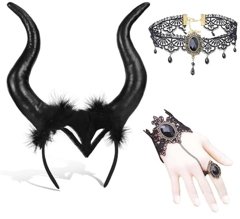 Dryxog 3 Stücke Königin Hörner Kopfschmuck Horn Kopfbedeckung Damen Haareif mit Gothic Retro Spitzenhalskette Straßenkarneval Kostüm Böse Stirnband Cosplay Haarband für Halloween Karneval