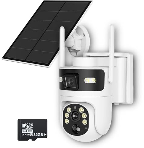 HLMNAKE WiFi Überwachungskamera Aussen Solar 2.4GHz - 4MP Dual Kamera 360°+110°, Farb Nachtsicht, PIR Personenverfolgung und APP-Benachrichtigung, Zweiweg-Audio