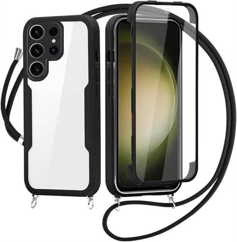 FERLAN Coque avec Cordon pour Samsung Galaxy S22 Ultra, Collier Ajustable,Coque Antichoc Housse avec Protection écran, 360° Protection Case Robuste Double Bumper Etui Intégrale (Noir)