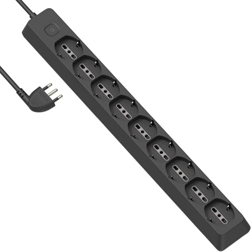 Electraline 61924 Multipresa 9 Posti polivalenti P40 (Schuko + 10/16A) di grossa robustezza, Cavo 2 metri, con sistema avvolgi cavo integrato, Spina 90° salvaspazio, 16A