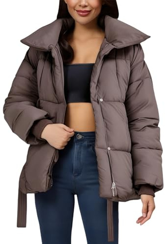 FNKDOR Damen Winterjacke Warm Stehkragen Kurz Steppjacke Puffer Jacke Cotton Padded Wintermantel mit Gürtel (Coffee, M)