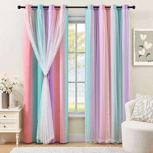 XiDi Thermal Insulated Curtains 72 Inches Bay Window Blackout Eyelet | 2 Panels Eyelet Thermal Sun Blocking Soundproof Beige Curtains for Living Room Double Layer Sheer Overlay Window Treatments