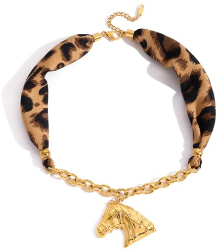 Izpack Punk Horse Head Leopard Print Silk Scarf Necklace for Women - 18K Golden Plated Stainless Steel Animal Link Chain Adjustable Pendant Necklaces Collar Choker Boho Bandana Style Jewelry Holiday