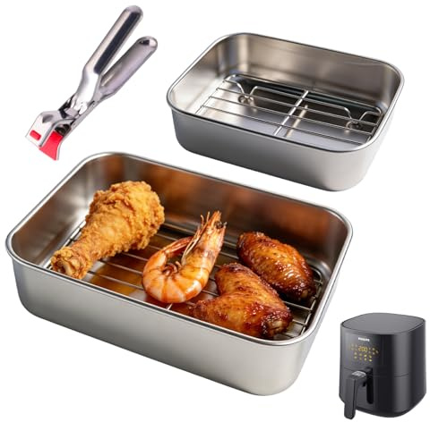 Juego de 2 cazuelas de acero inoxidable para airfryer, con rejilla de goteo y tapa de sellado, accesorios para freidora de aire caliente Ninja Cosori Philips – Sin BPA, inodoro, resistente y con asas