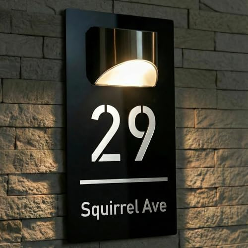 Números de Casa Exterior con Luz Solar LED, Placa de de Acrílico Impermeable con Grabado Láser 3D Personalizable, Letrero para Puerta Exterior zm (4 Tamaños, 16 Fuentes, 3 Colores)(Negro-Blanco)