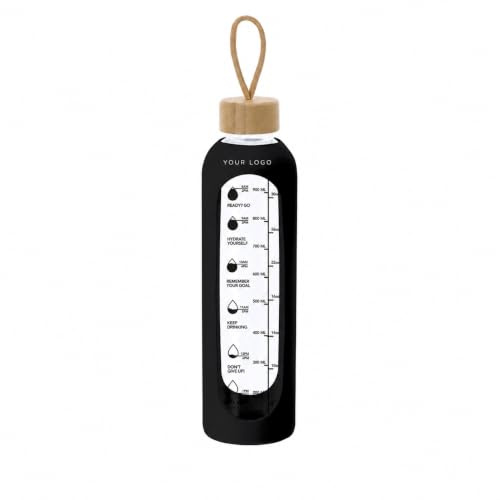 Personalised 1L Glass Water Bottle with Silicone Sleeve, Bamboo Lid & Time Marker, BPA Free Reusable Drinking Bottle with Motivational Quotes