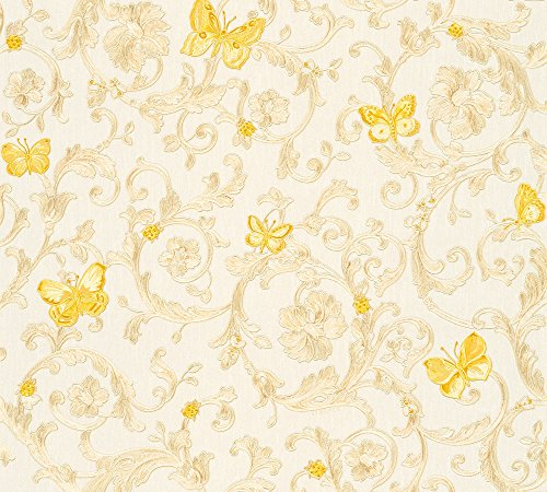VERSACE WALLPAPER Vliestapete Butterfly Barocco Luxustapete mit Ornamenten barock 10,05 m x 0,70 m creme gelb metallic Made in Germany 343251 34325-1