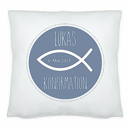 4youDesign Personalisiertes Kissen Meine Konfirmation/Firmung/Kommunion (Fisch) - Geschenkidee - Dekokissen - personalisiertes Geschenk (blau)