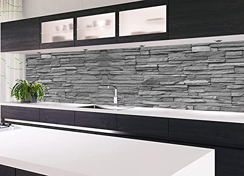 KLINOO Küchenrückwand aus Folie in Steinoptik als Spritzschutz - zuschneidbar und erweiterbar - 97cm x 68cm (Naturstein grau)