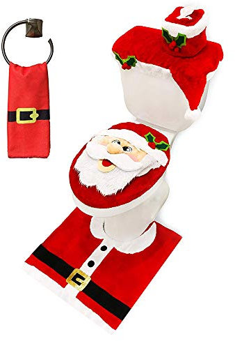 JOYIN 5 Stück Weihnachten Toilettensitzbezug im Weihnachtsmann Design, WC Toilettendeckelbezug Set mit Sitzbezug & Teppich & Gewebe Deckel & Tankabdeckung & Handtuch für Badezimmer Weihnachtsdeko