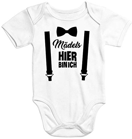 MoonWorks® Kurzarm Baby-Body mit Aufdruck Mädels Hier Bin ich lustig Spruch Strampler Bio-Baumwolle weiß 6-12 Monate