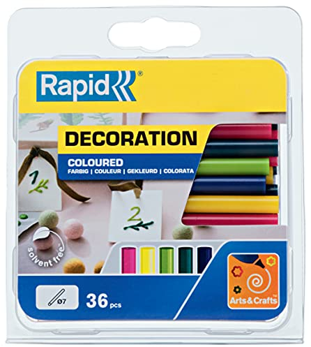 Rapid Heißklebesticks Farbig – Petrol, Gelb, Grϋn, Rose, Blau - 36 Klebesticks 90mm Länge, zum Basteln und Dekorieren, für Klebepistole 7mm
