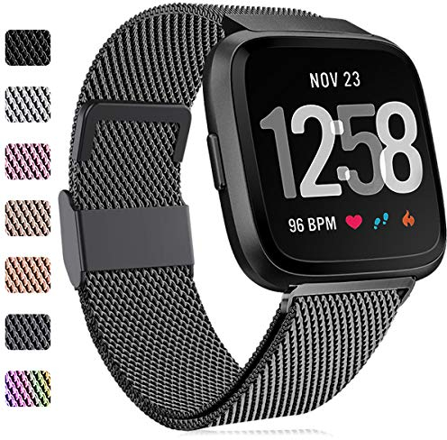 Faliogo Ersatzarmband Kompatibel mit Fitbit Versa Armband/Fitbit Versa 2 Armband, Edelstahl Metall Ersatz Armbänder Kompatibel mit Fitbit Versa 2/Versa/Versa Lite, Klein, Schwarz