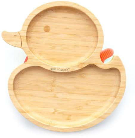 eco rascals Bamboo Baby & Toddler Duck Plate for Weaning - Cool to Touch, Hypoallergenic and BPA Free from 6 Months, Spill Proof Suction for Smooth Surfaces (Orange)