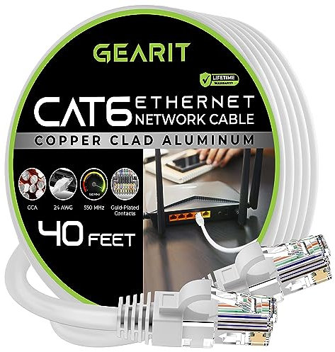 GearIT Cat 6 Ethernet Cable CCA (40 feet) LAN Network Cord, UTP, Internet, Network Cable - Supports Cat6 / Cat5e / Cat5 Network Standard - White, 40ft