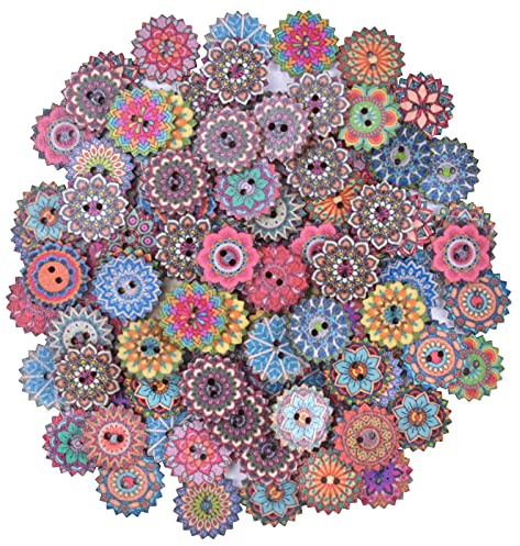 Chstarina 100 Stück gemischte Knöpfe aus Holz, zufällige Auswahl, Retro, 20 mm, Blumenmalerei, Formen, Knöpfe mit 2 Löchern zum Nähen von Basteldekorationen (Blumenknöpfe)