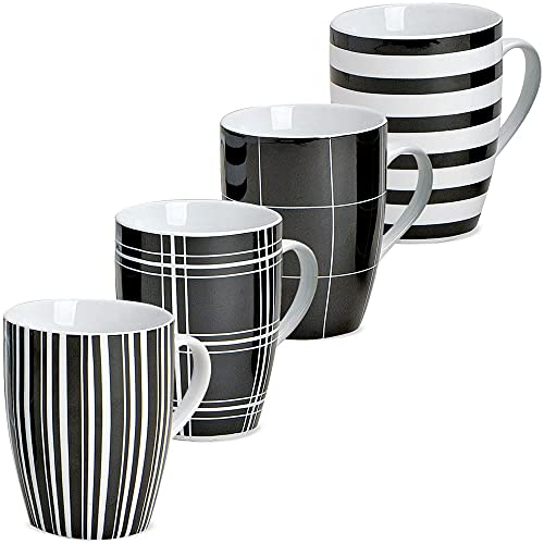 Matches21 Lot de 4 tasses à café en porcelaine Motif rayures noires et blanches 10 cm 300 ml