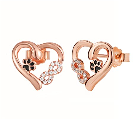 Ohrring Silber 925 Damen Tier Pfotenabdruck Unendlichkeit Liebe Herz Ohrstecker für Hundeliebhaber Geschenk (Rosa Gold)