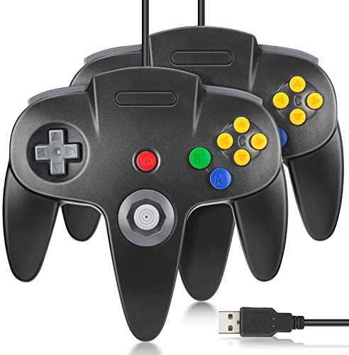FISUPER Lot de 2 manettes de jeu vidéo filaire USB N64 pour Windows PC Mac Raspberry Pi Retropie [compatible avec commutateur] (Noir)