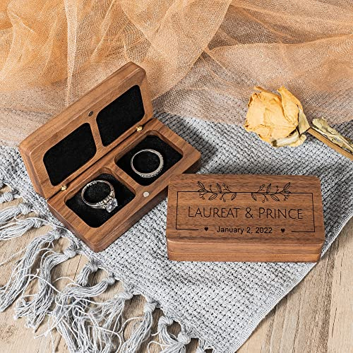 KEMEILA Personalisierte rechteckige Ringschatulle, individuelle Holz-Hochzeits-Doppelring-Box für Antrag, Verlobung, Geburtstag, kann 2 Ringe, Schmuck-Display-Box platzieren.