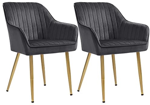 SONGMICS Esszimmerstuhl, 2er Set, Küchenstuhl, Sessel, Samt, Polsterstuhl mit Armlehnen, Loungesessel, bis 120 kg belastbar, Metallbeine, für Esszimmer, Küche, grau-goldfarben LDC077G02