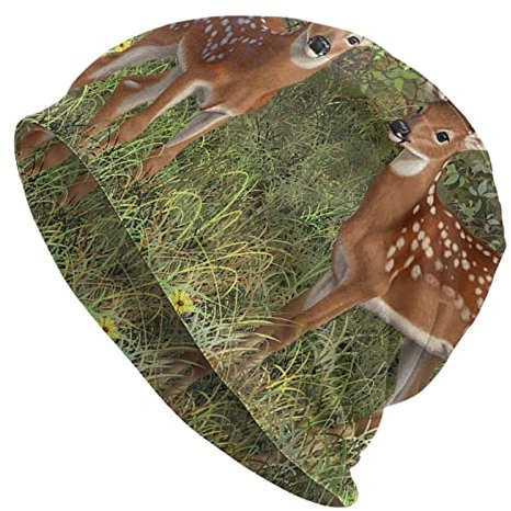 DJNGN Whitetail Deer Twin Kitze Malerei Beanie Chemo Mütze Krebs Kopfbedeckung Strickmützen Baggy Slouchy Schal Cap für Erwachsene Frauen Männer