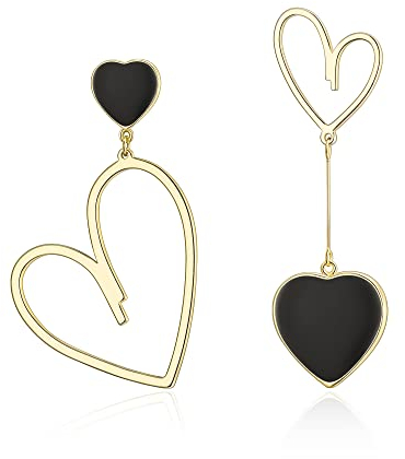 EVER FAITH Asymmetrische Ohrringe Herz Tropfen schwarze mismatched earrings 14K Gold-Ton