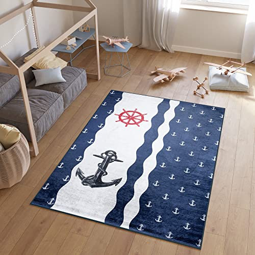TAPISO Emma Teppich Waschbar bei 30 Grad Dunkelblau Weiß Anker Marineteppich bedruckter Kinderteppich Antirutsch Kinderzimmer Jugendzimmer Modern ÖKO-TEX 120 x 170 cm