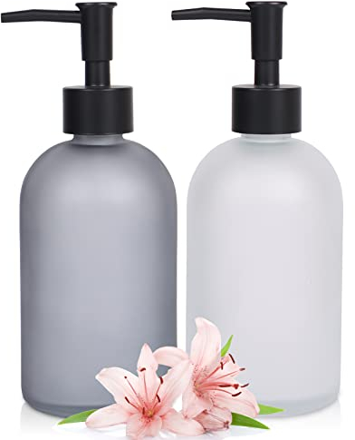 2 Pack Glass Soap Dispensers, 410 ML/14.5oz Pump Bottle Dispenser, Refillable Hand Soap Dispenser Bottle for Kitchen, Bathroom, Laundry Room (1 PCS Frosted White & 1 PCS Frosted Grey)