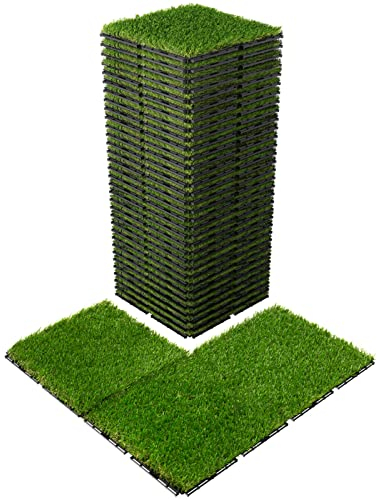 Kunstrasen, Fliesen, ineinandergreifende Rasen, quadratisch, Deck, 27 Stück, 30,5 x 30,5 cm, für drinnen und draußen, Kunstrasenteppich mit Drainagelöchern, Fake-Grasfliesen, selbstentleerend, für