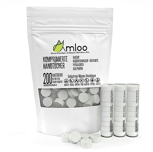 AMLOO 200 Magic Komprimierte Handtücher. Mini-Reisehandtuch für Gesundheit und Outdoor-Sport. Kleines Gesichtshandtuch, Einweg-Oshibori und Fingerwaschlappen, tragbar mit 3 Transportetuis