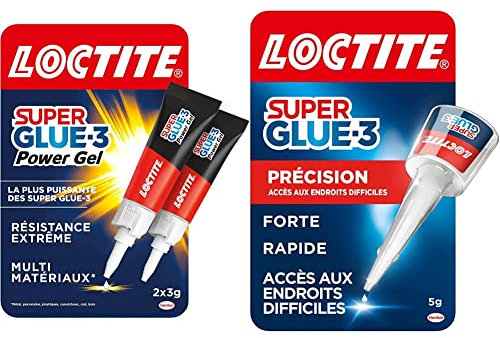 Loctite Super Glue-3 Power Gel, Colle Forte avec Caoutchouc Ultra-Résistante en Lot de 2 Tubes 3g & Super Glue-3 Précision pour Réparations en Flacon 5g