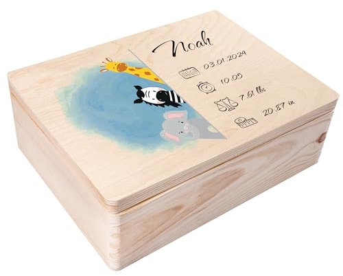 Creative Deco Erinnerungsbox Baby Personalisiert mit Namen - Tiere | Individuelle Erinnerungskiste Geschenk zur Geburt für Mädchen und Jungen | Holzkiste mit Deckel | Farbdruck