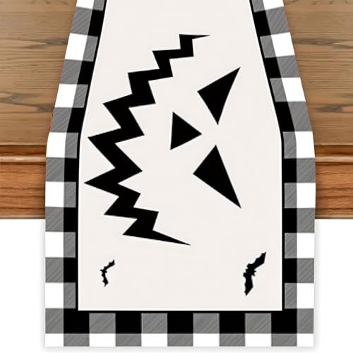 Trick or Treat Buffalo Plaid Halloween Tischläufer Fledermaus Katze Geist Kürbisse 33 x 183 cm Sackleinen Urlaub saisonaler Tischläufer für Urlaub Party Küche Esszimmer Tischdekoration
