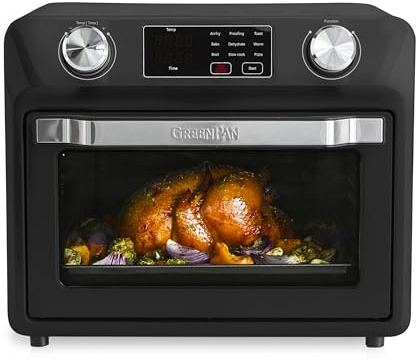 GreenPan Bistro Matte Black 9-in-1 Air Fry Oven, Nonstick Baking Pan, Stainless Steel Rack, and Basket, Fast Heating, Multifunction Presets, Cool-Touch Handle, PFAS-Free, Easy Cleanup Crumb Tray